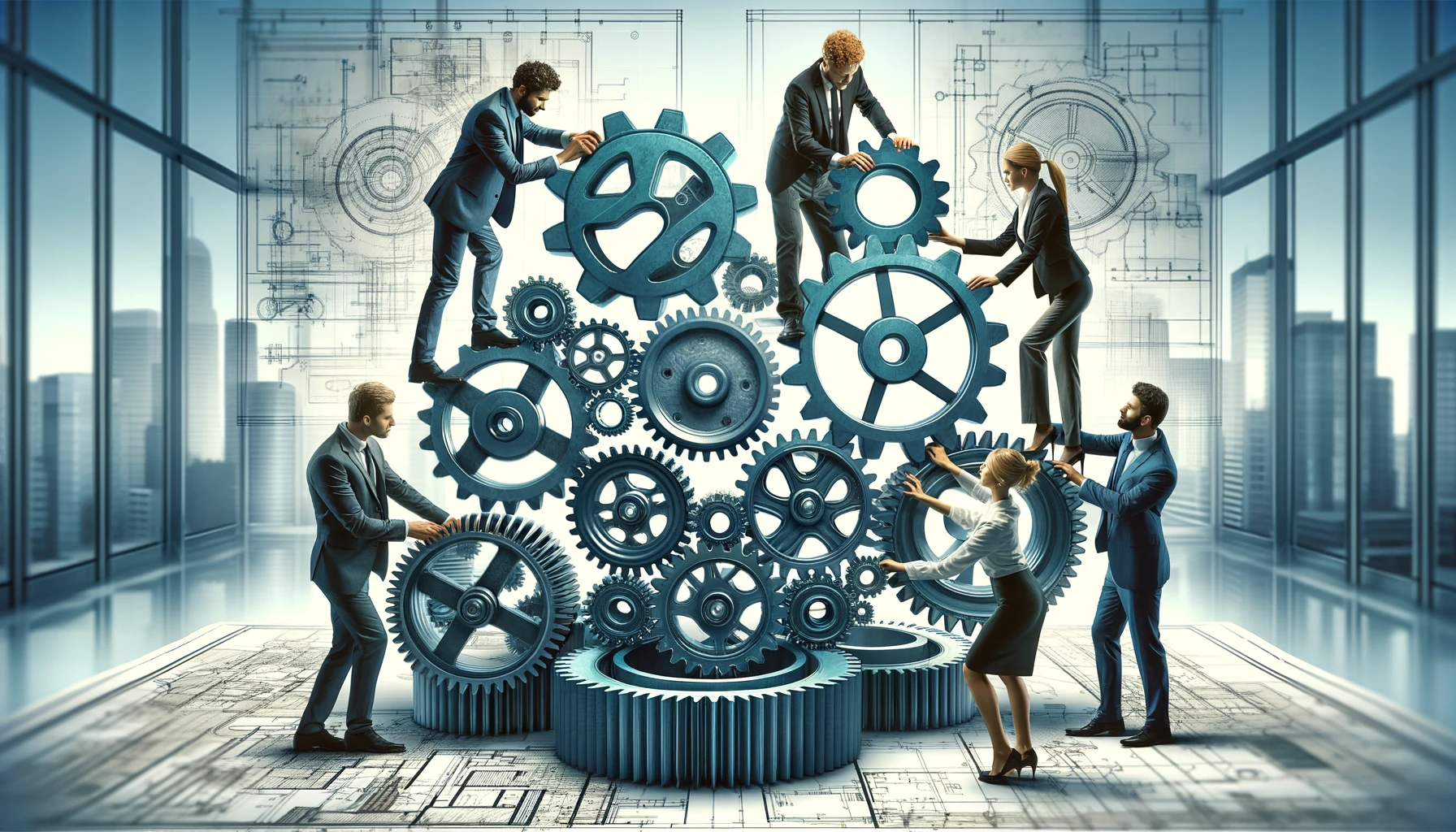 DALL·E 2024 04 19 12.25.46 A landscape format corporate themed image depicting a group of business partners collaborating to assemble large interconnected gears. The scene